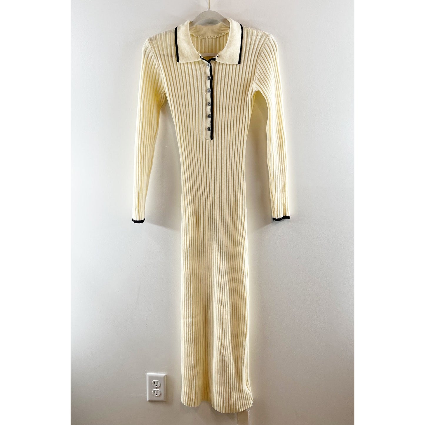 Commense Long Sleeve Collared Ribbed Bodycon Maxi Sweater Dress Cream XS
