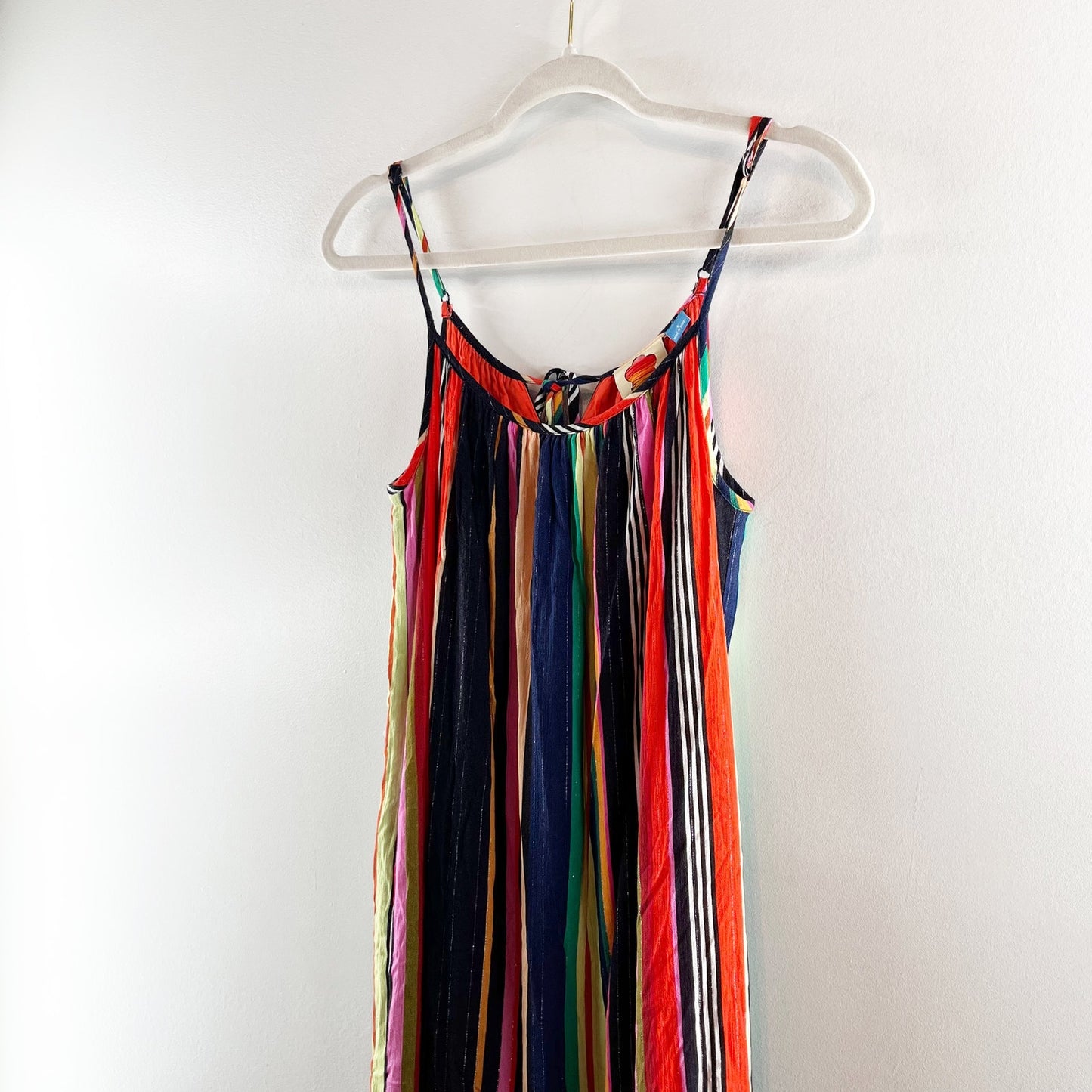 Farm Rio Rainbow Shimmer Striped Sleeveless Tiered Maxi Dress Small