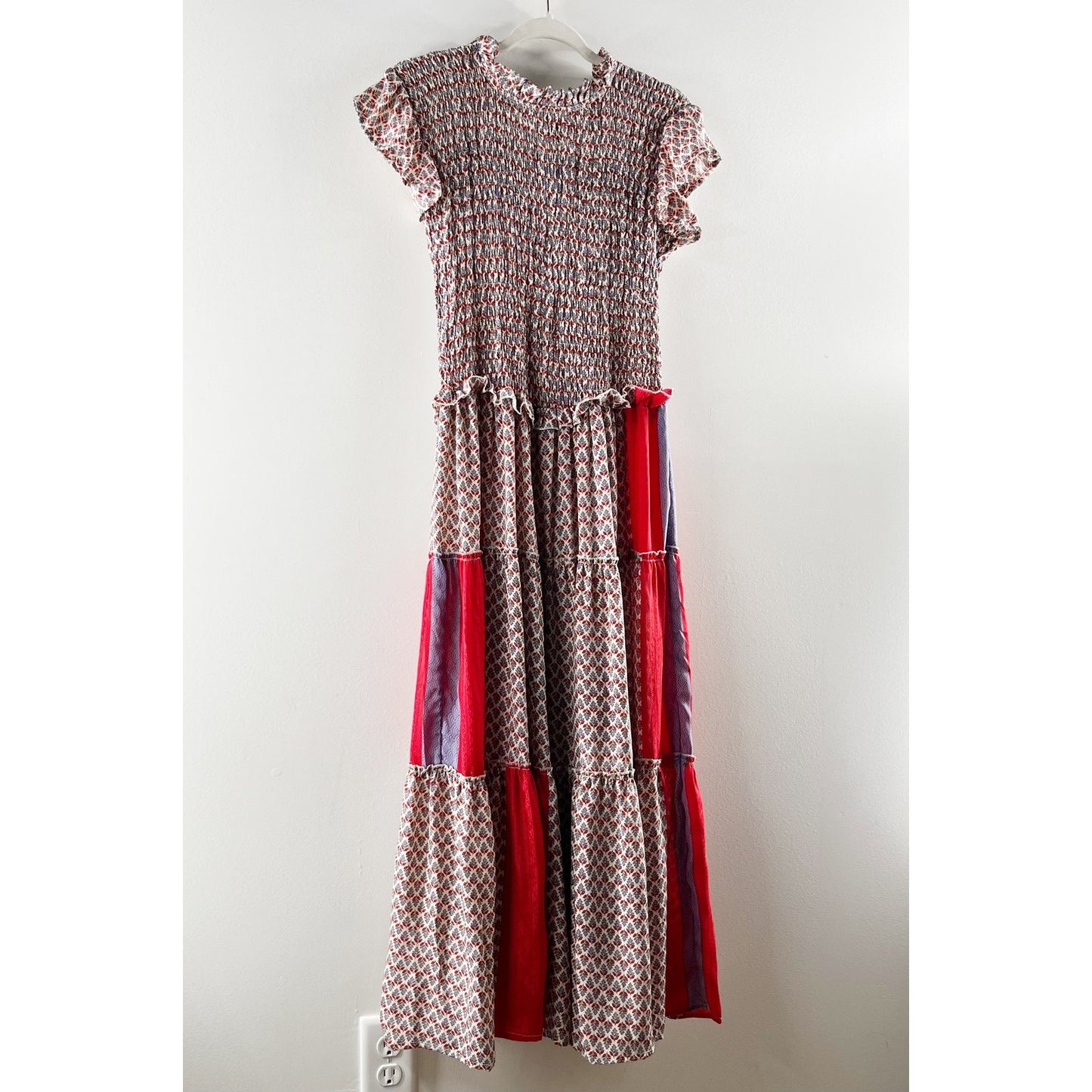 Perry Walker Collective Drop Waist Smocked Patchwork Maxi Dress Red Small