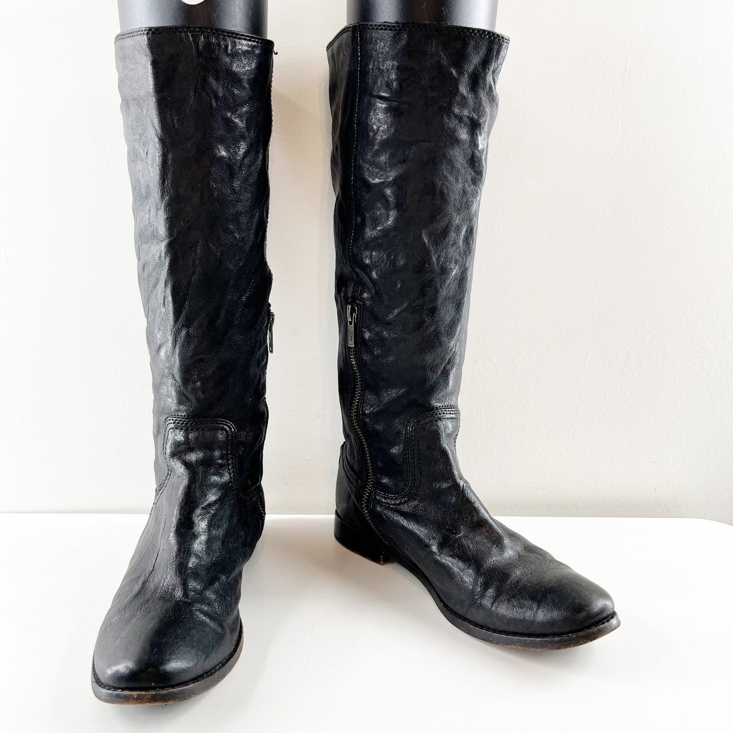 FRYE Anna Round Toe Flat Leather Riding Equestrian Knee High Boots Black 8