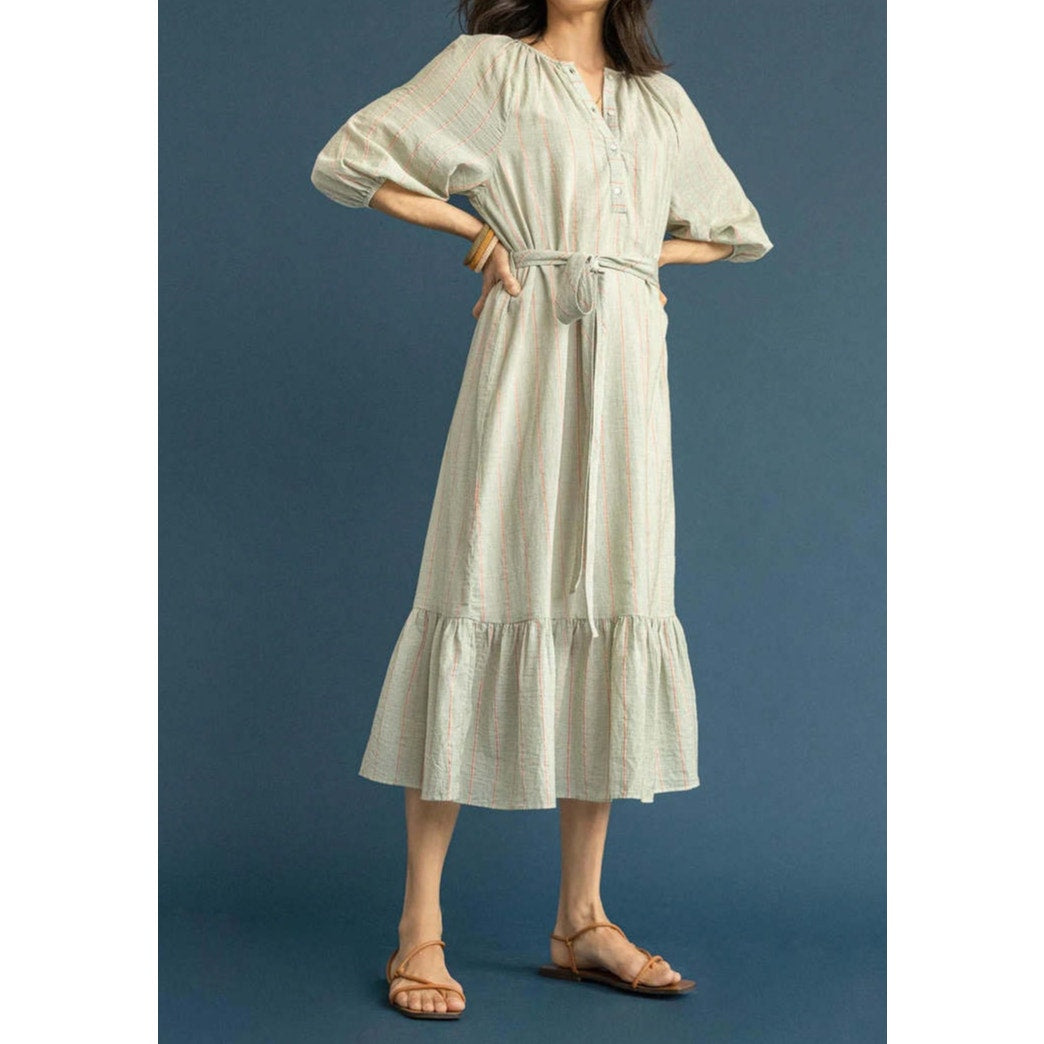 Lilla P Easy Elbow Sleeve Cotton Striped Midi Dress Papaya Stripe Small