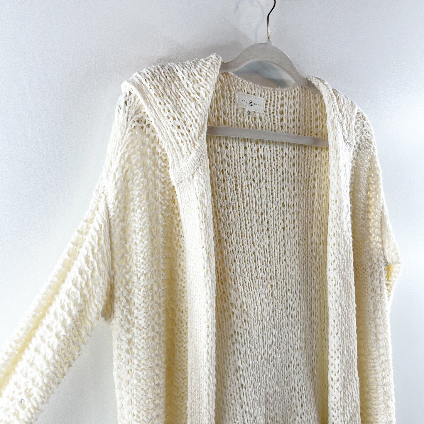 Lou & Gray Long Sleeve Crochet Knit Hooded Duster Cardigan Sweater Cream XS