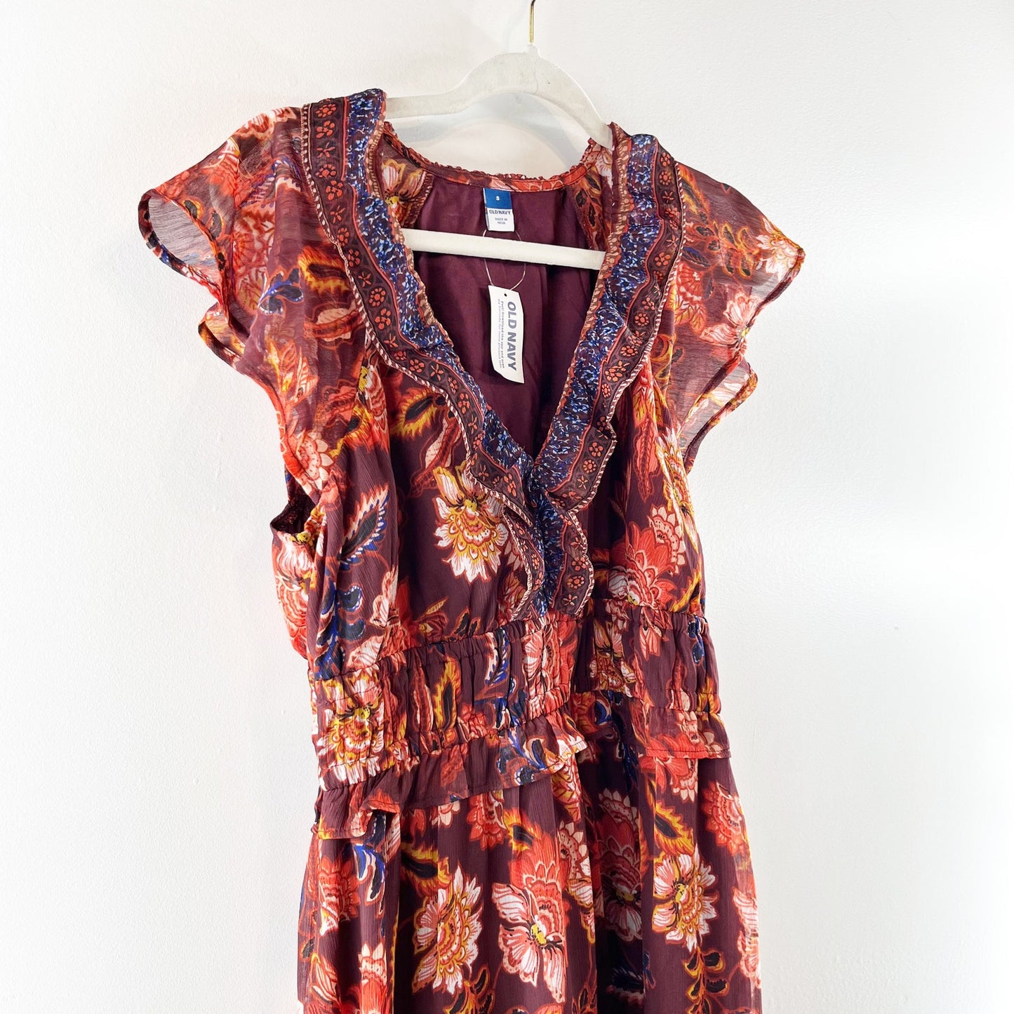 Old Navy Waist Defined Flutter Short Sleeve Floral Midi Dress Rust Red Small