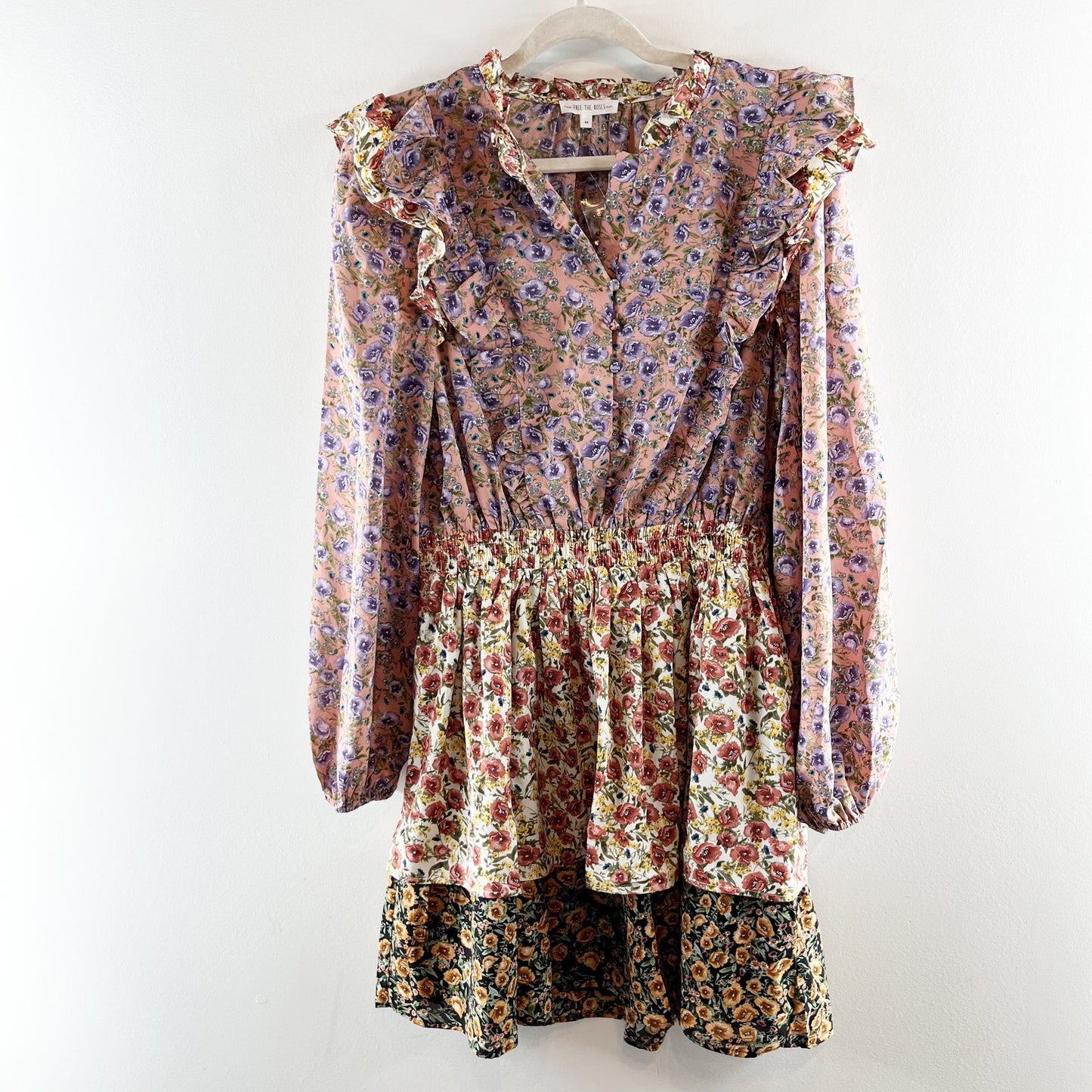 Free The Roses Long Sleeve Floral Tiered Ruffle Mini Dress Purple Cream Medium