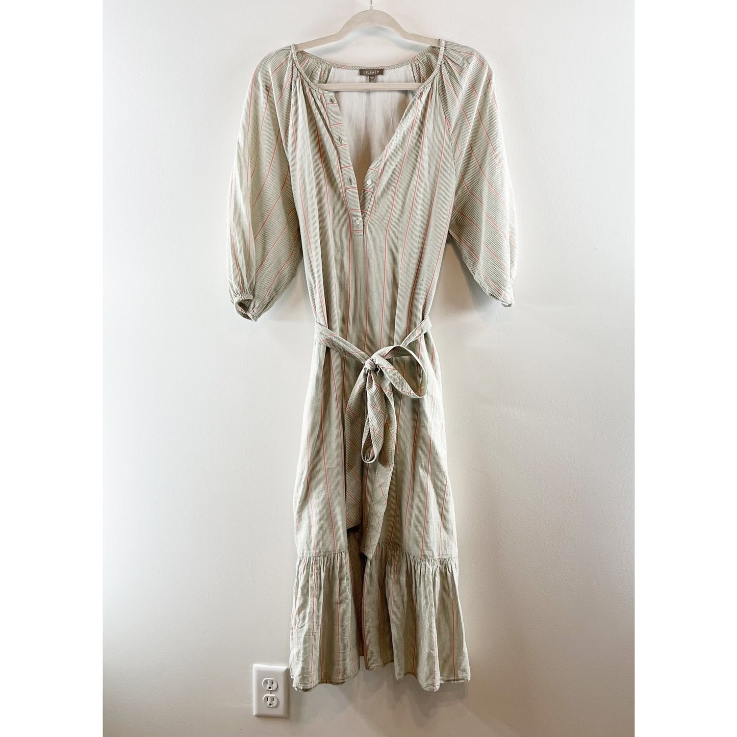 Lilla P Easy Elbow Sleeve Cotton Striped Midi Dress Papaya Stripe Small