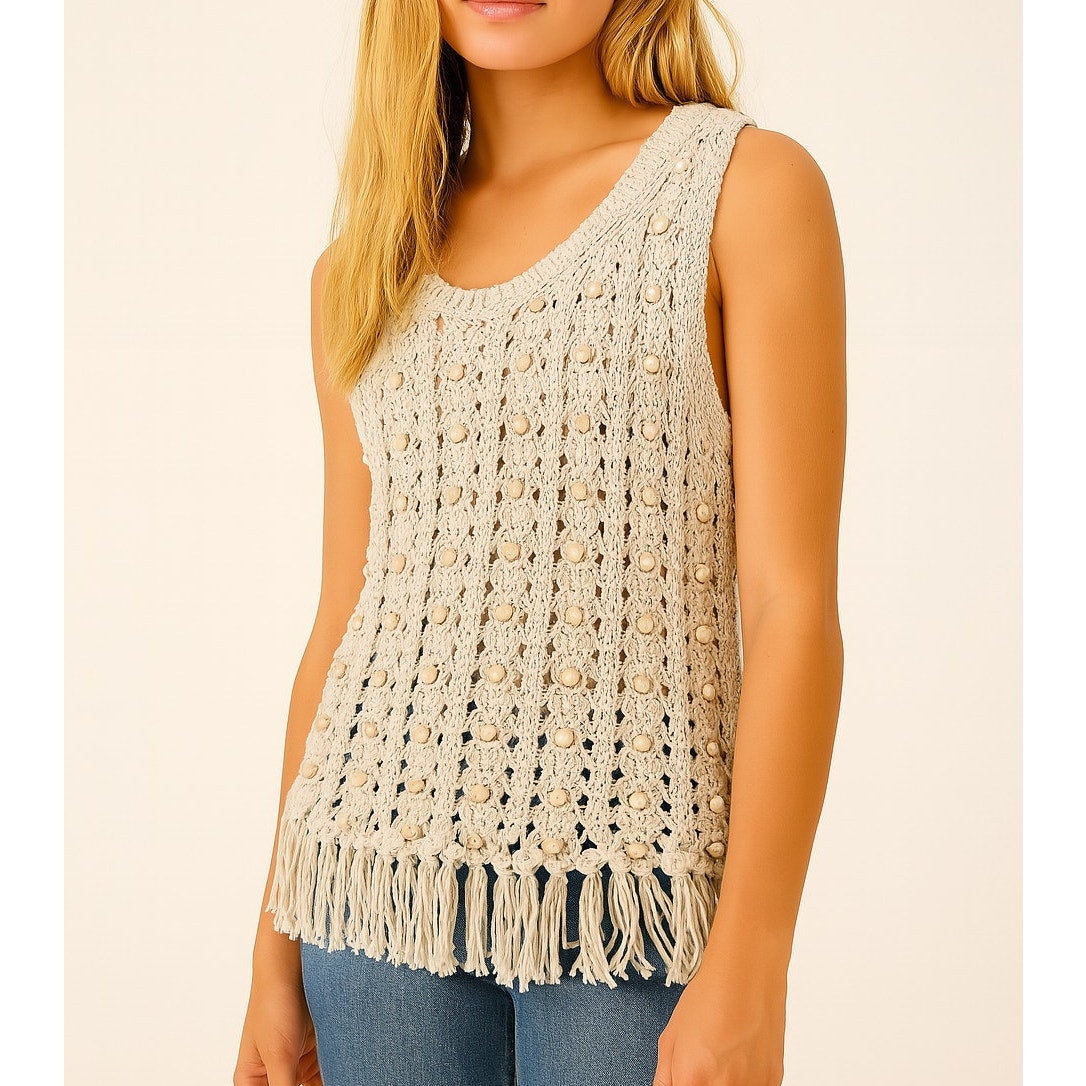 House of Harlow Wood Bead Beaded Fringe Hem Crochet Tank Top Tan XS