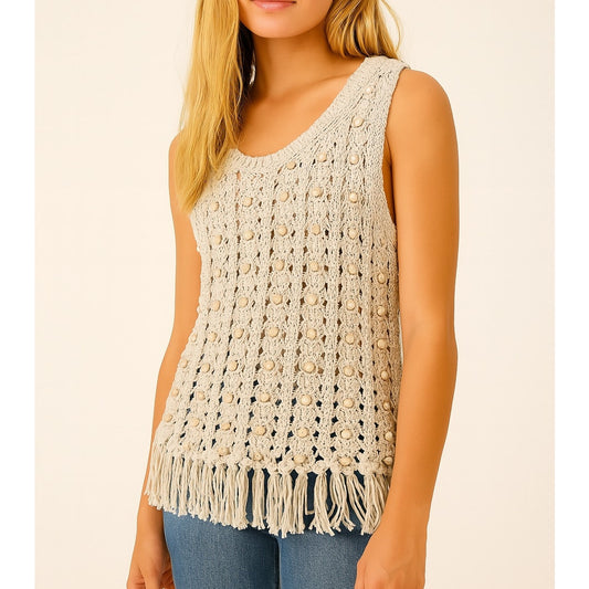 House of Harlow Wood Bead Beaded Fringe Hem Crochet Tank Top Tan XS