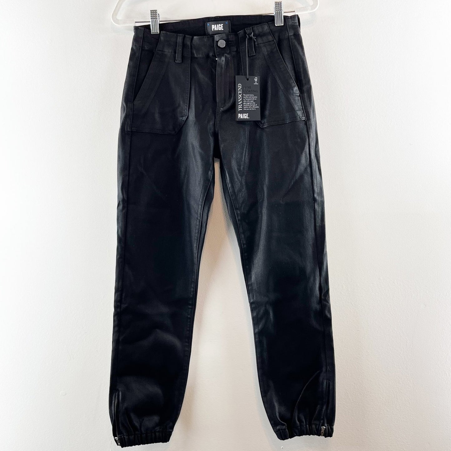 Paige Mayslie Luxe Coating High Waisted Cropped Jogger Pants Black Fog US 26