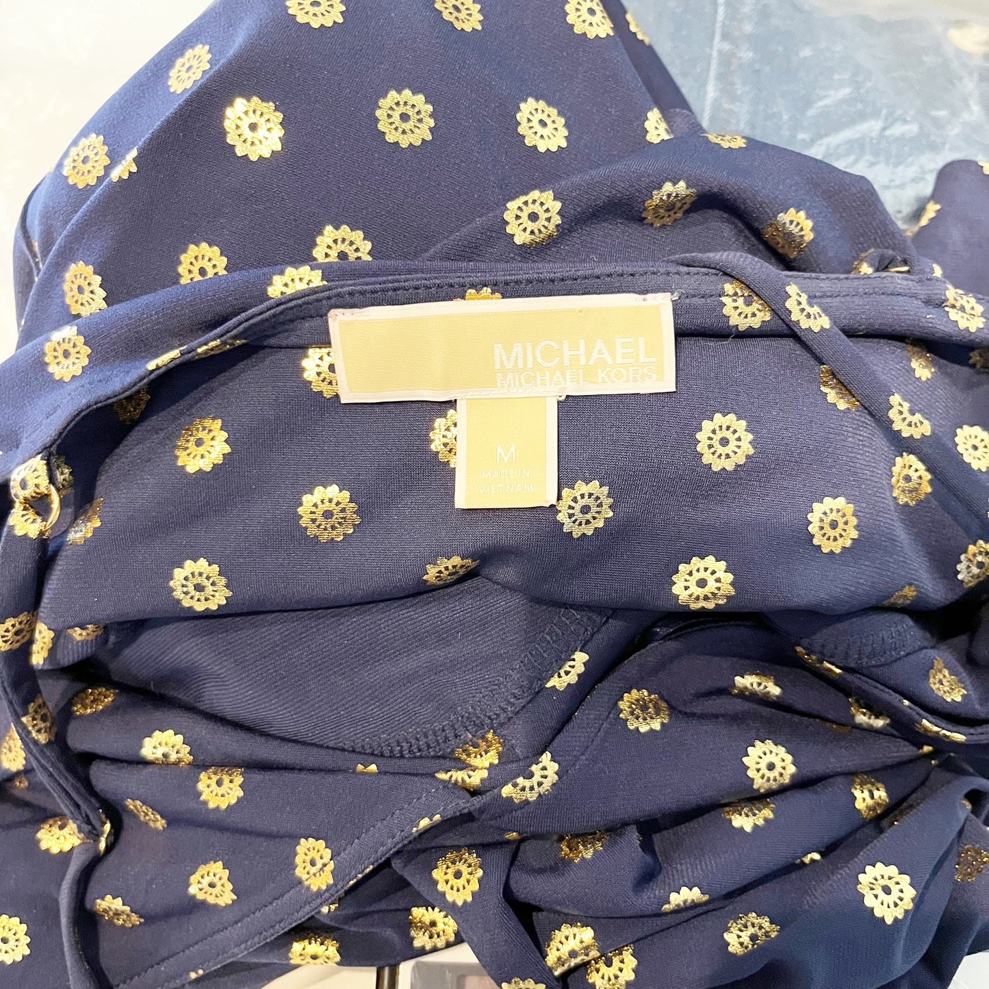 Michael Kors Medallion Foil Print Sleeveless Maxi Dress Navy Blue Gold Medium
