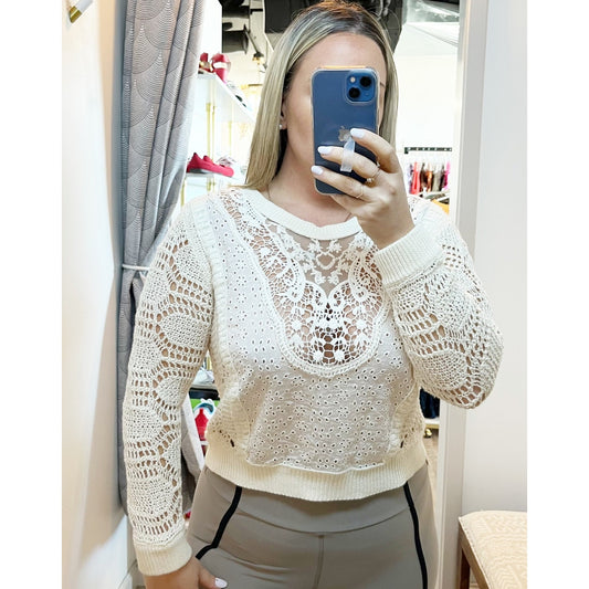 Free People Cotton Crochet Long Sleeve Crewneck Sweater Ivory Large