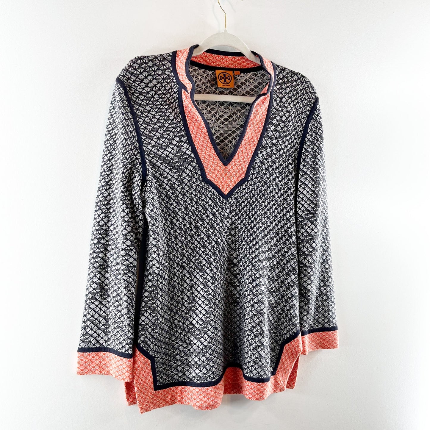 Tory Burch Colorblock Geometric Knit Tunic Sweater Top Blue Orange Small