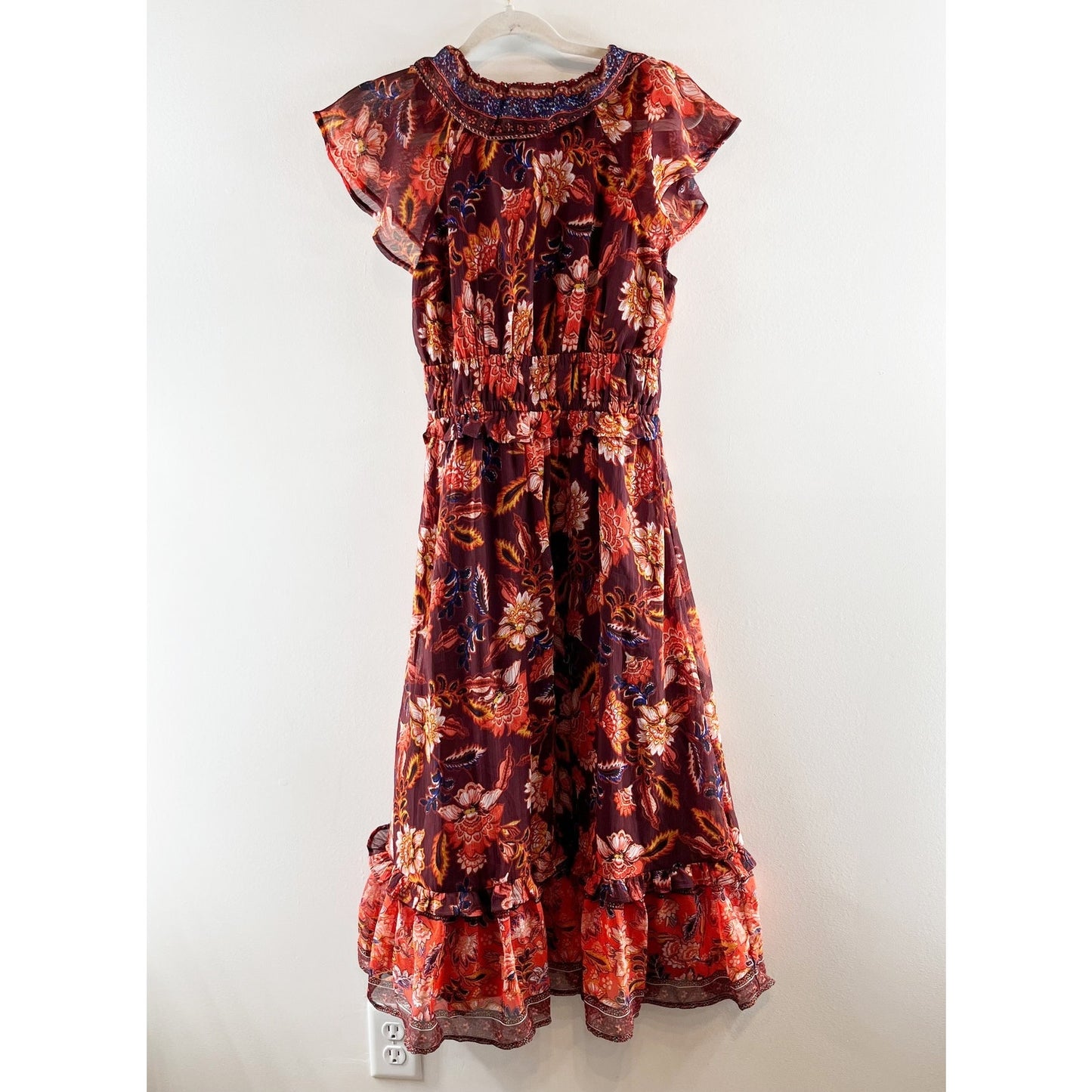 Old Navy Waist Defined Flutter Short Sleeve Floral Midi Dress Rust Red Small