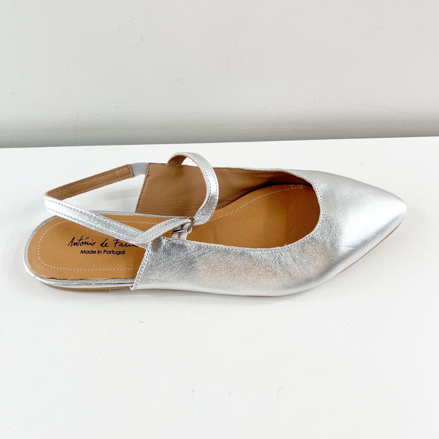 Antonio De Faria Anna Leather Slingback Mary Jane Pointed Toe Flats Silver 9