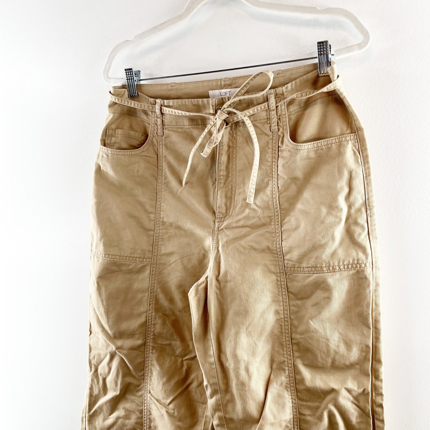 LOFT High Rise Belted Stovepipe Wide Leg Trouser Khaki Pants in Twill Tan 10