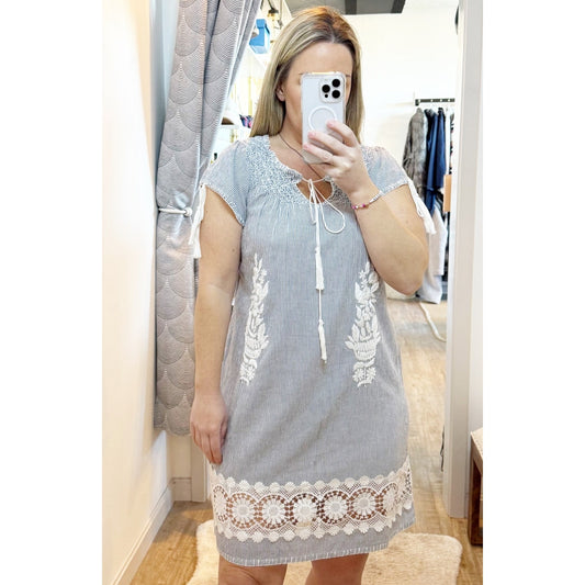 Rose & Rose Short Sleeve Striped Embroidered Crochet Trim Tunic Mini Dress Blue