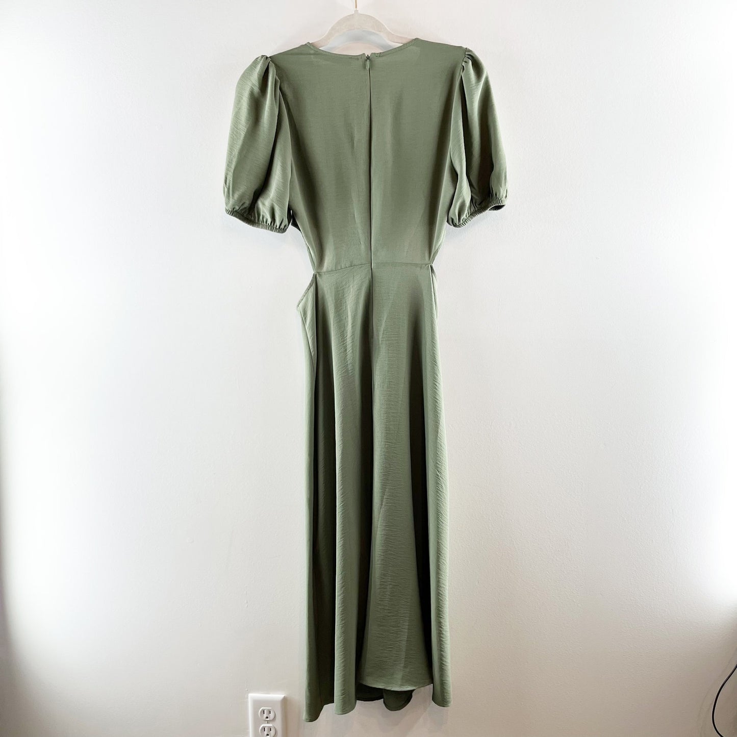 Zara Short Puff Sleeve Round Neck Cut Out A-Line Midi Dress Green Small