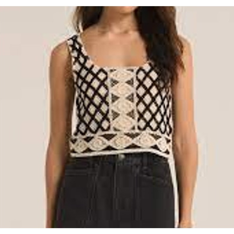 Z Supply Calle Square Neck Crochet Cropped Tank Top Tan Black Small