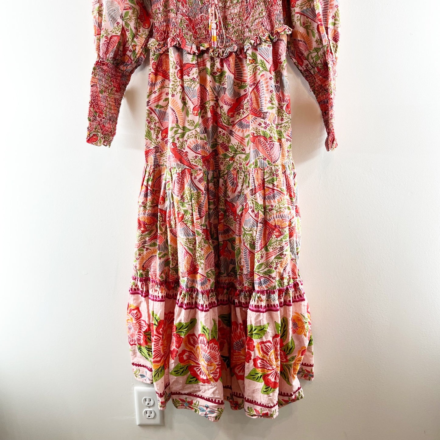 Farm Rio Macaw Flight Smocked Cotton Long Sleeve Midi Dress Pink Red Small