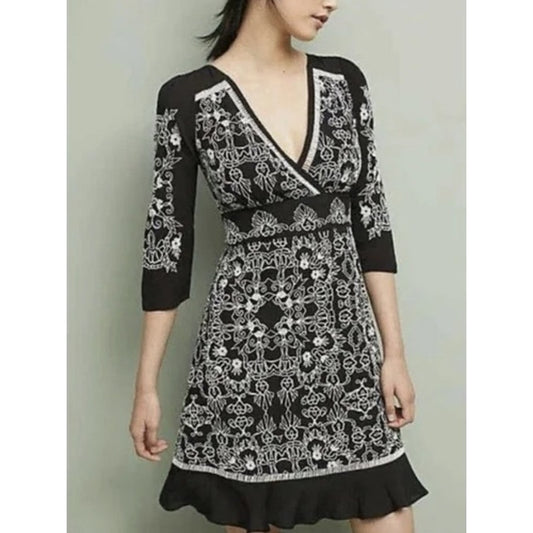 Vanessa Virginia by Anthropologie V Neck Embroidered Coquette Dress Black 2 NWT