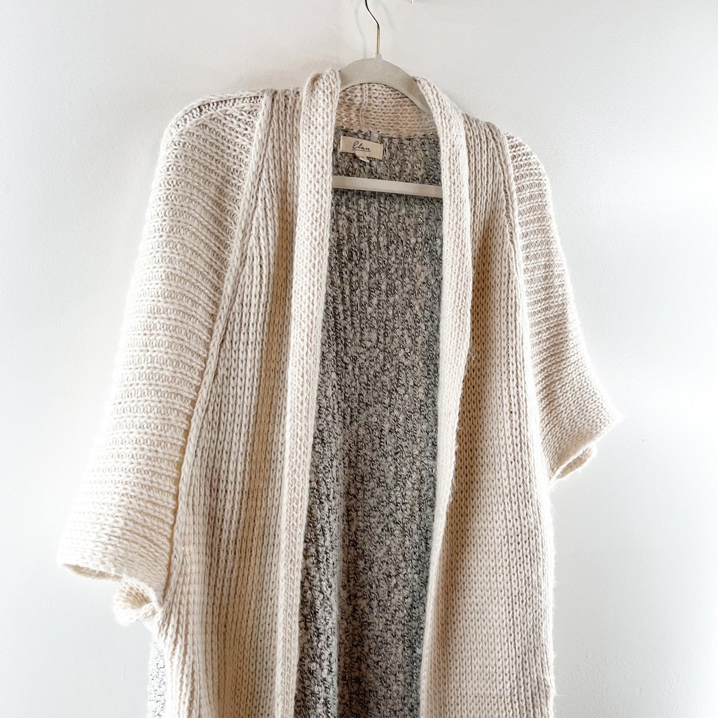 Elan Colorblock Short Sleeve Open Knit Sweater Cardigan Beige Gray One Size