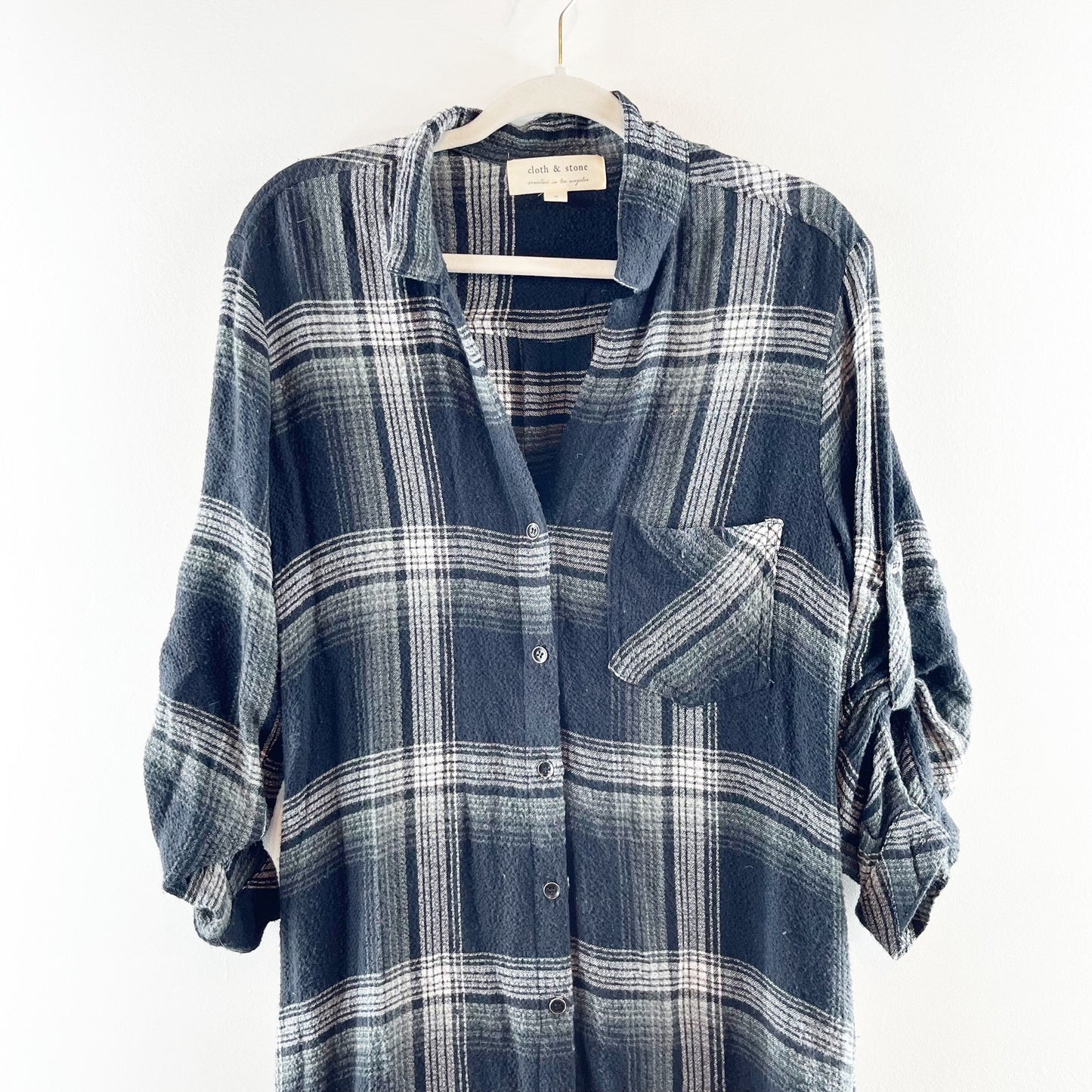 Cloth & Stone Cotton Plaid Flannel Button Up Midi Shirt Dress Black Gray Small
