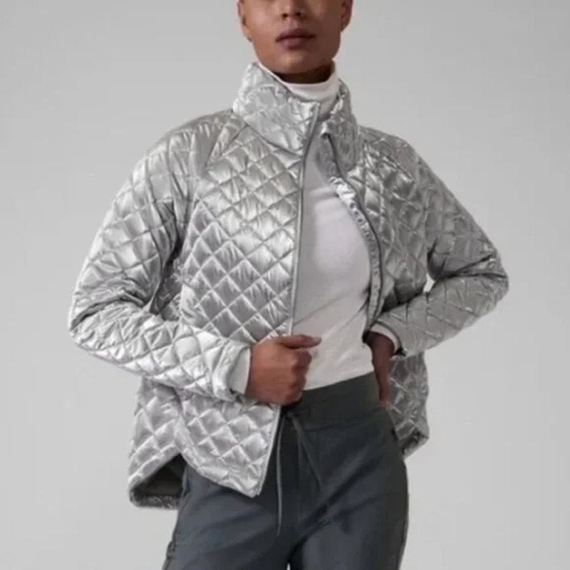 Athleta Whisper Featherless Quilted Metallic Jacket Silver Small