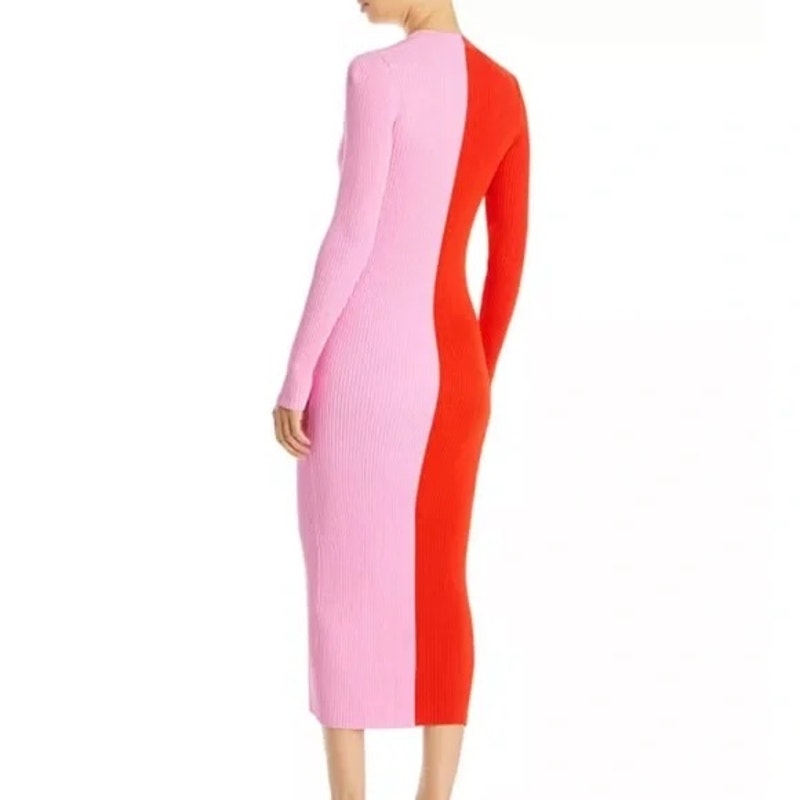 STAUD Long Sleeve Ribbed Shoko Colorblock Midi Sweater Dress Pink Red Medium