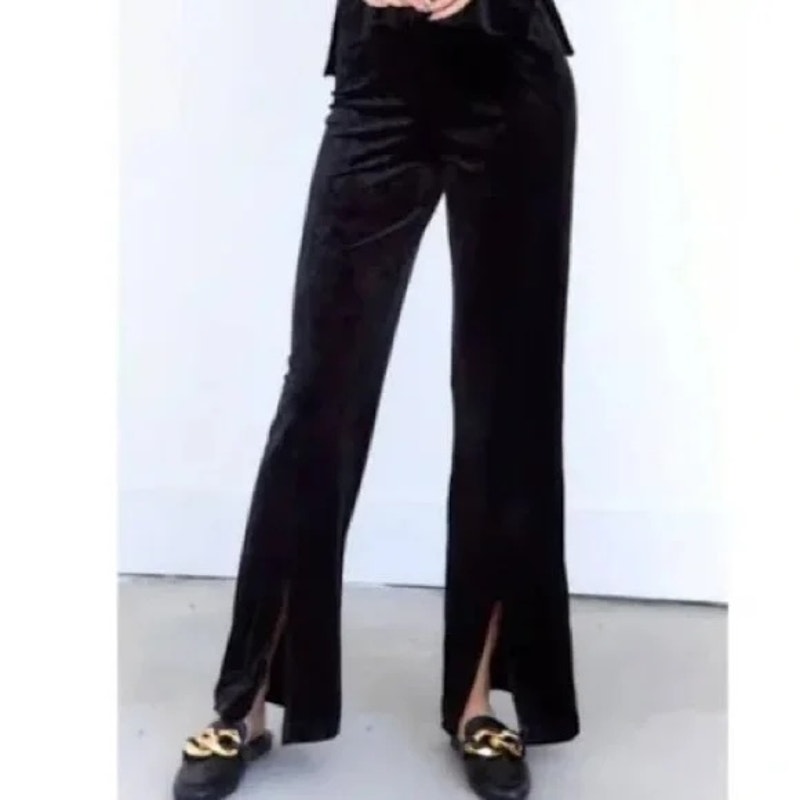 SPANX Velvet High Rise Wide Leg Split Hem Velvet Pants Black Medium
