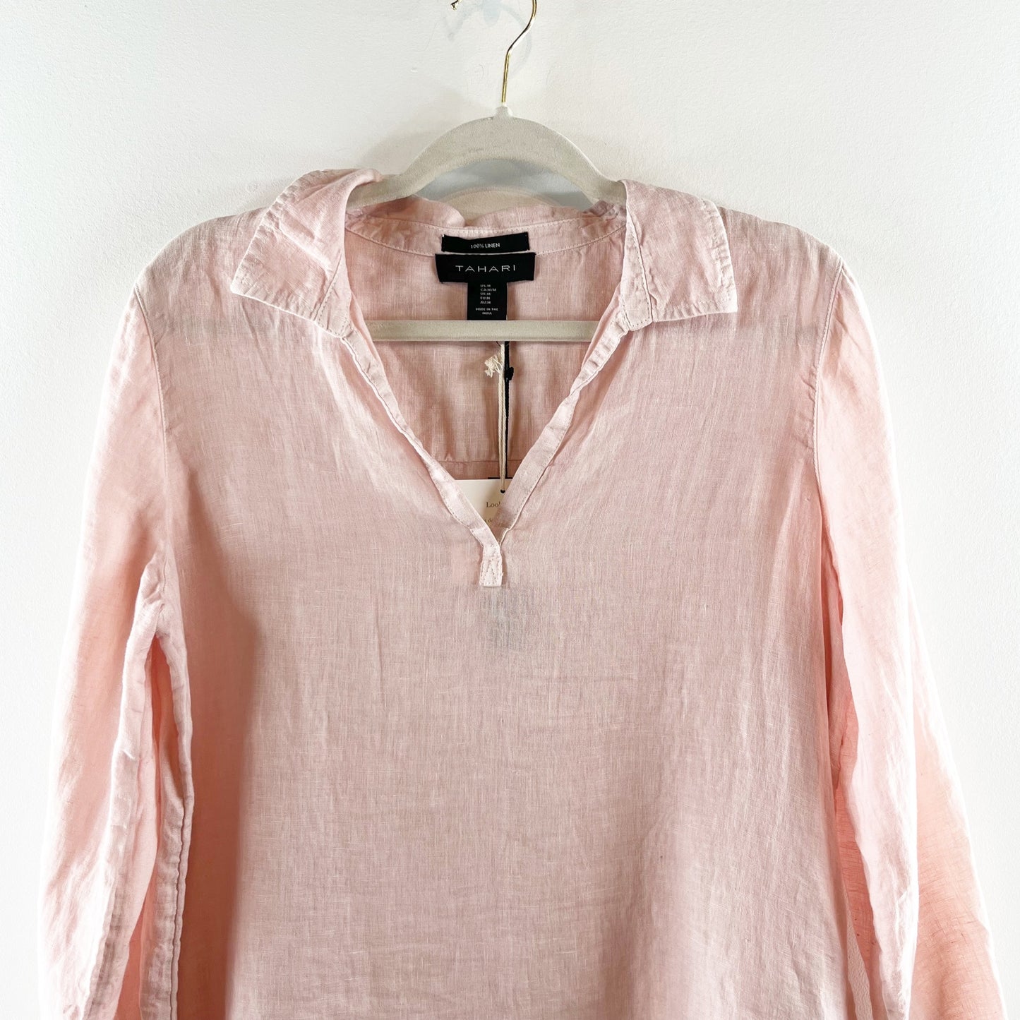 Tahari Linen V Neck Polo Tunic Top Blouse Shirt Salmon Coral Pink Medium