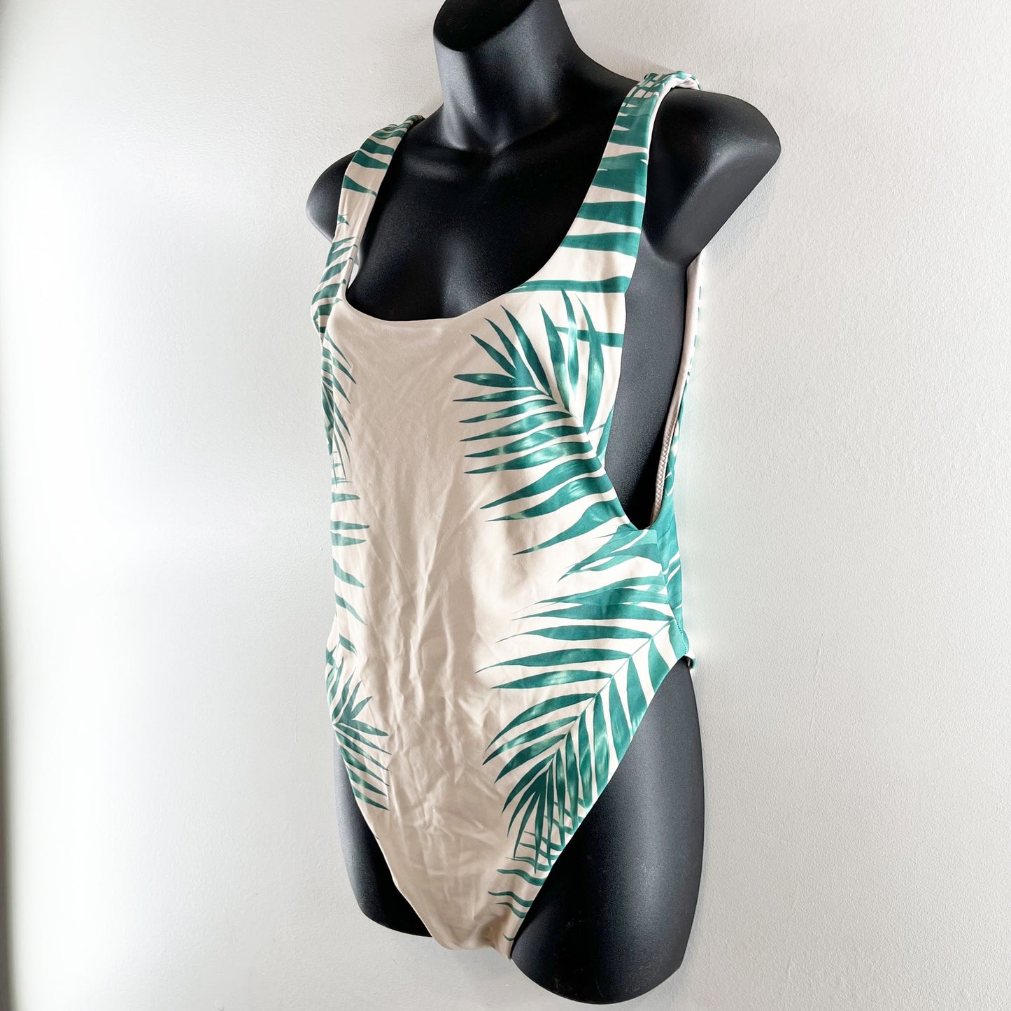 Aerie Tropical Palm Beach Print Super Scoop One-Piece Swimsuit Tan Green Large
