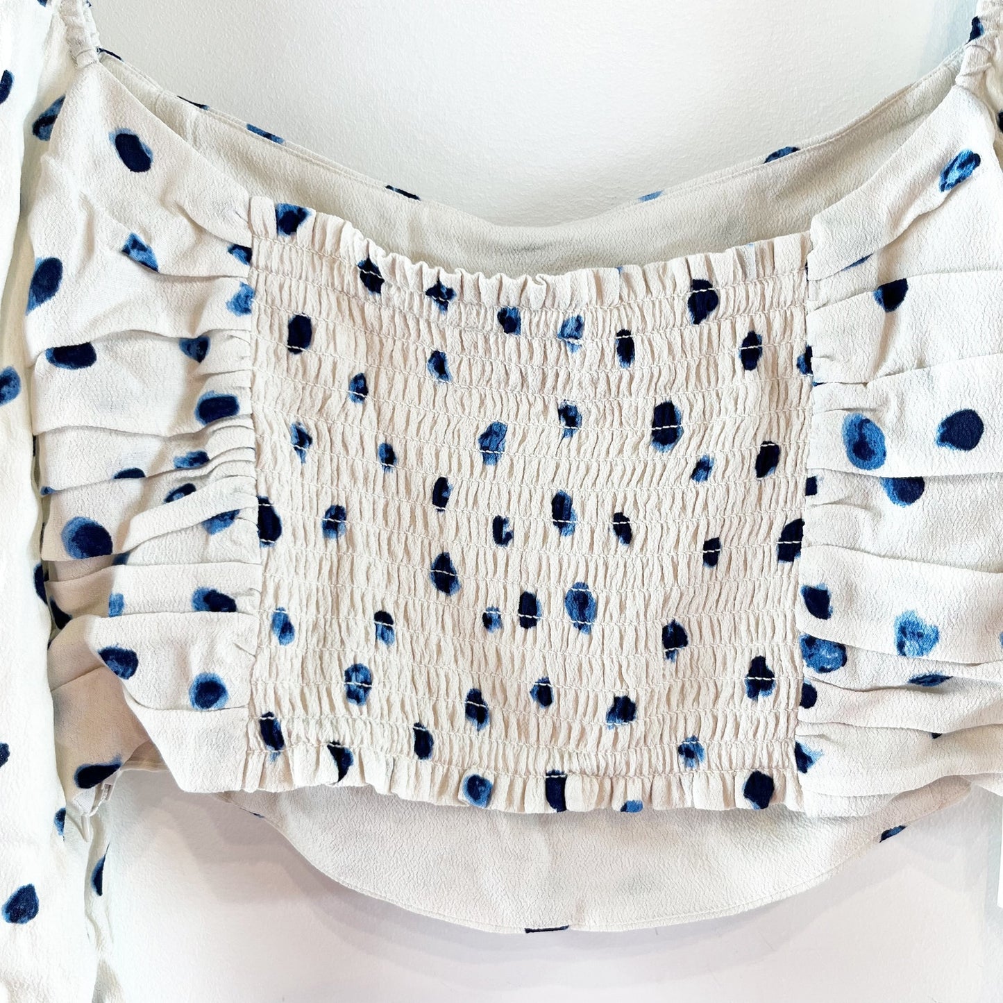 Wilfred Puff Sleeve Polka Dot Crop Lolita Blouse Birch Classic Navy Large NWT