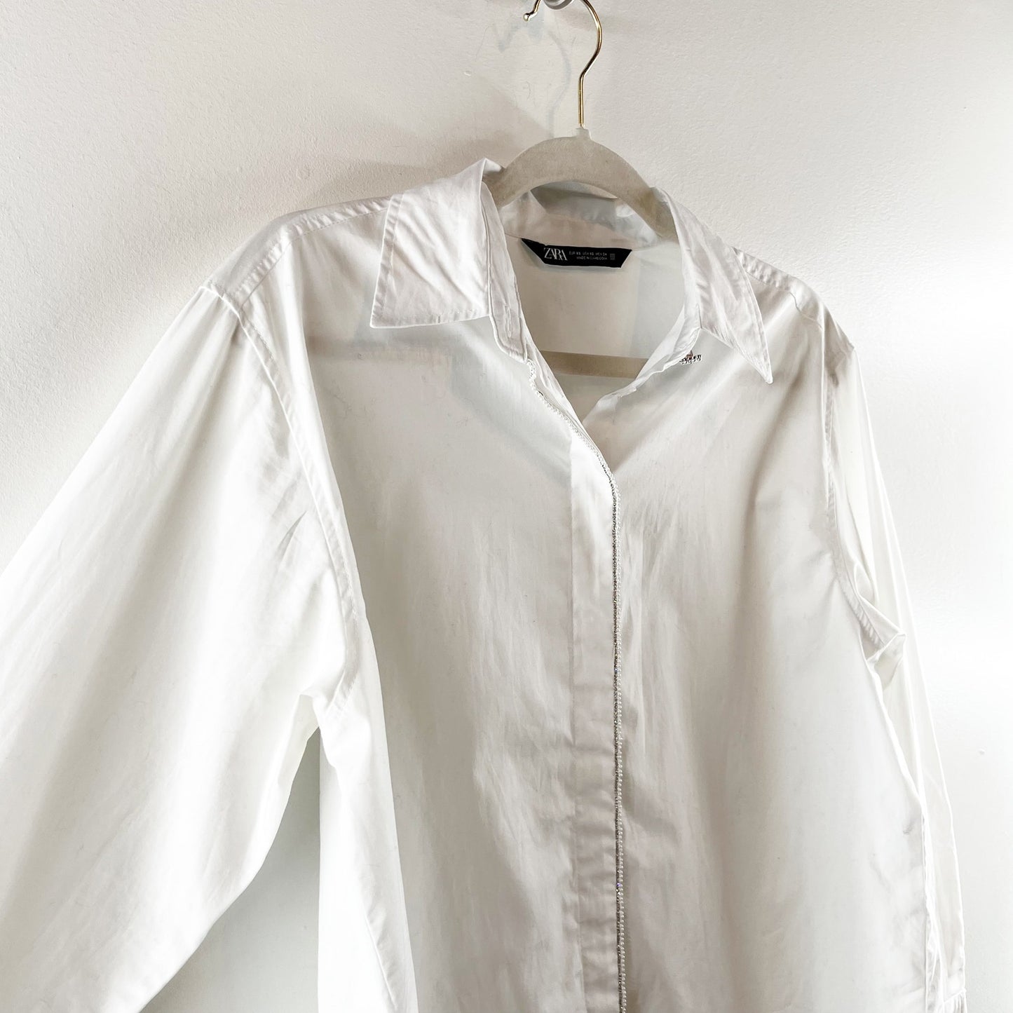 ZARA Rhinestone Trim Crystal Oversized Button Down Shirt White XS