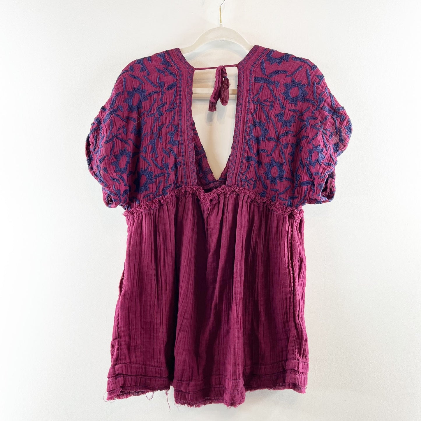 Free People Embroidered V Neck Short Sleeve Mini Dress Maroon Purple XS