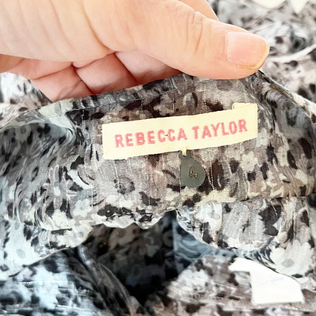 Rebecca Taylor Floral Print Long Sleeve Silk Blend Button Blouse Gray Medium