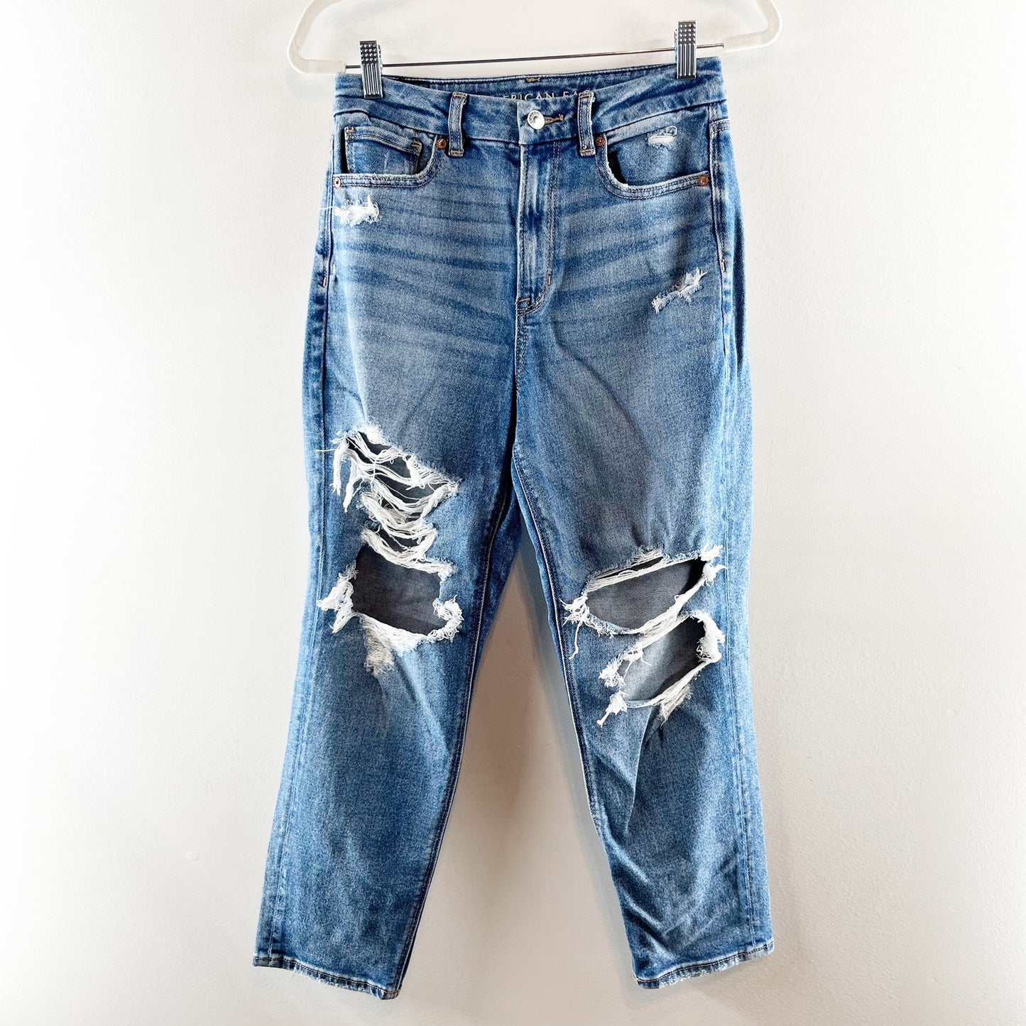 American Eagle Curvy High Rise Mom Distressed Stretch Jeans Blue 6 Petite