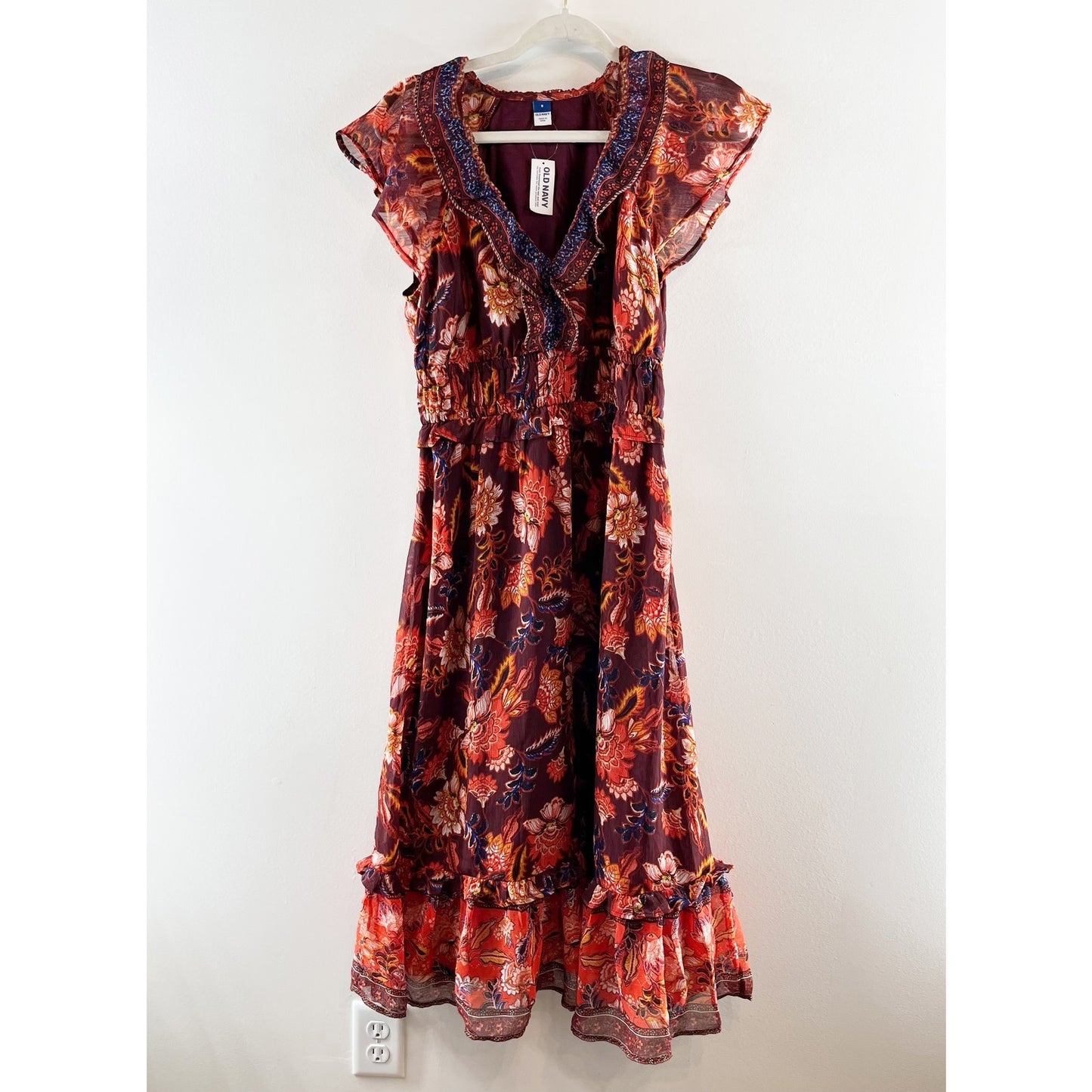 Old Navy Waist Defined Flutter Short Sleeve Floral Midi Dress Rust Red Small
