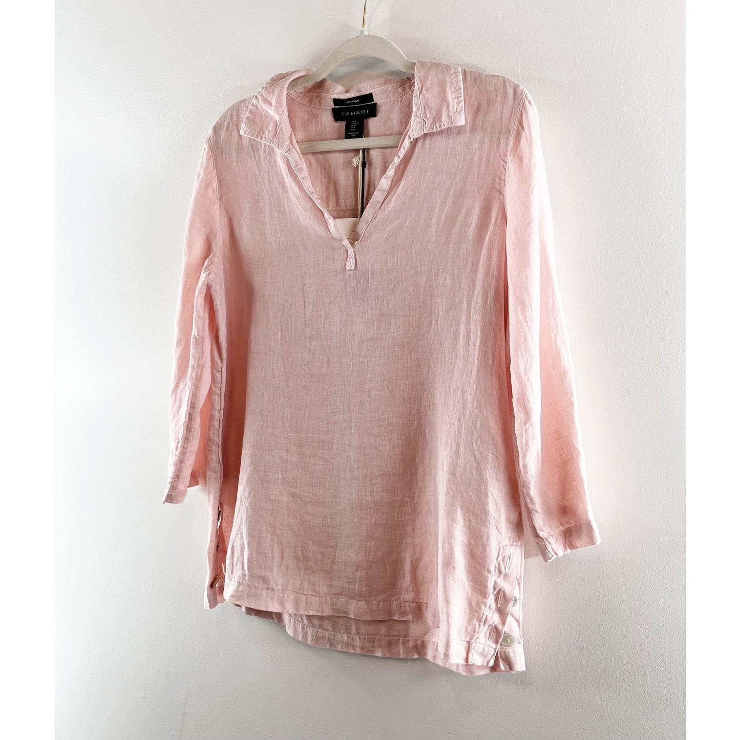 Tahari Linen V Neck Polo Tunic Top Blouse Shirt Salmon Coral Pink Medium