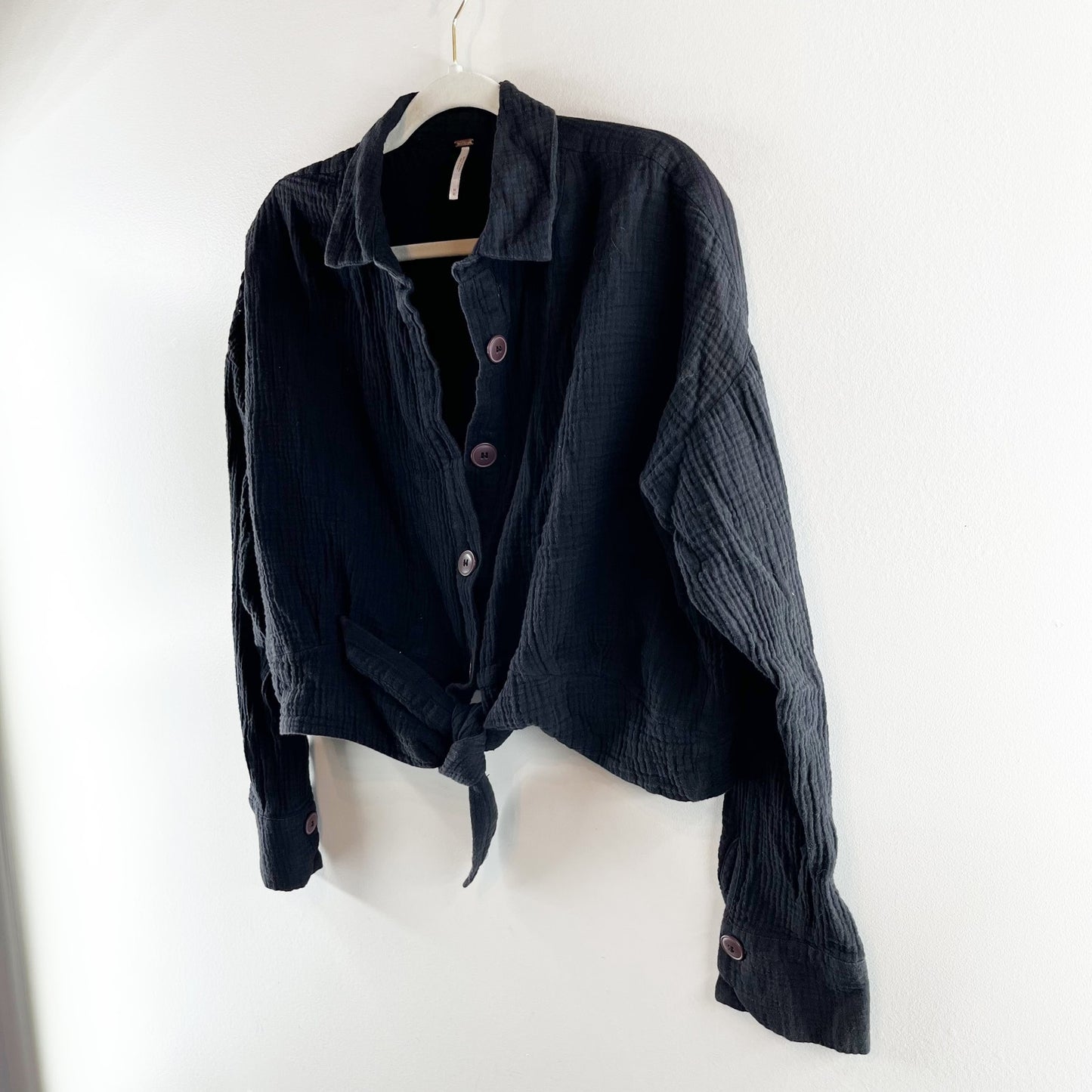 Free People Sun Streaks Long Sleeve Gauzy Cotton Button Up Shirt Black Medium