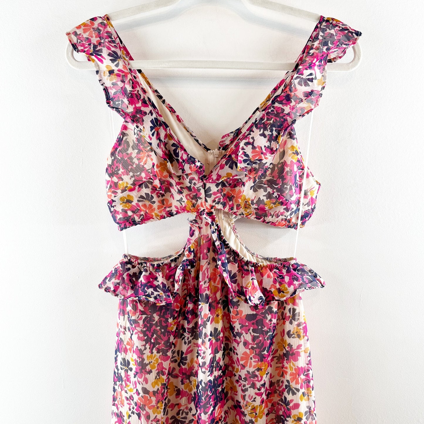 Dee Elly Floral Print Ruffle Trim Cut Out Chiffon Maxi Dress Purple Pink Small