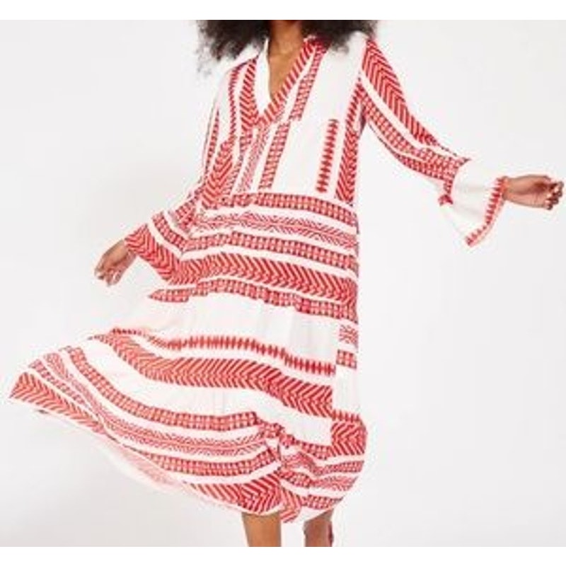 Silk & Salt V Neck Aztec Long Sleeve Midi Dress Red White Medium