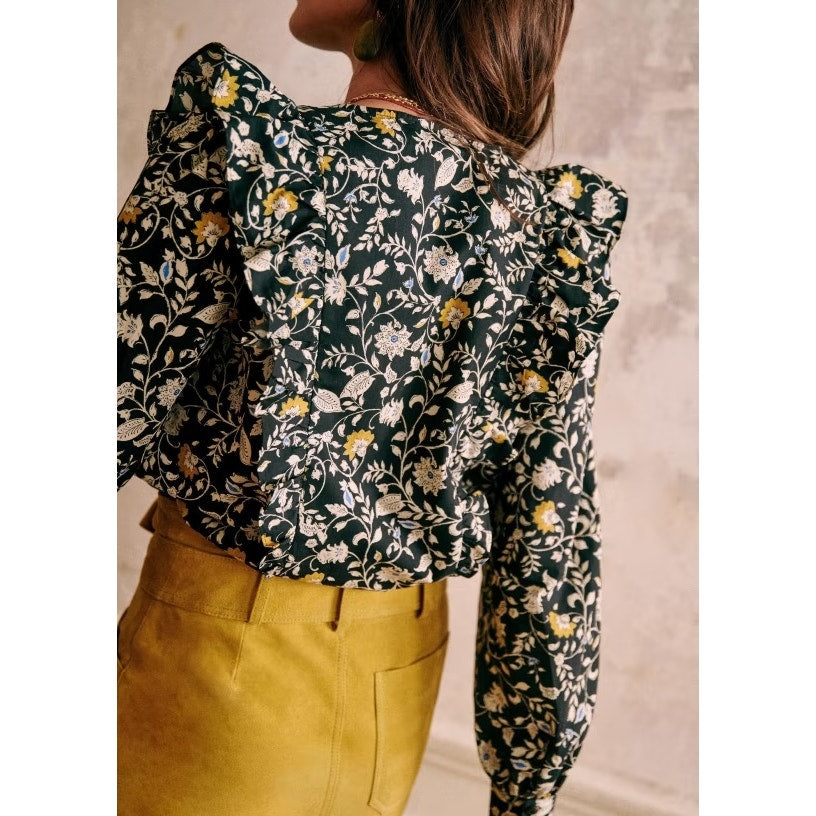 Sezane Roby Ruffle Long Sleeve Floral Cotton Poplin Blouse Black 36 / US 4