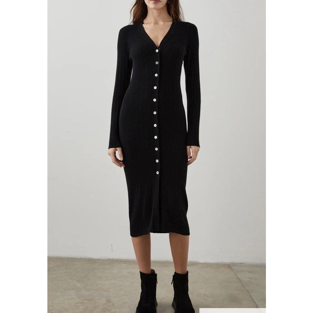 Evereve Ribbed V Neck Button Up Sweater Midi Dress Black XS