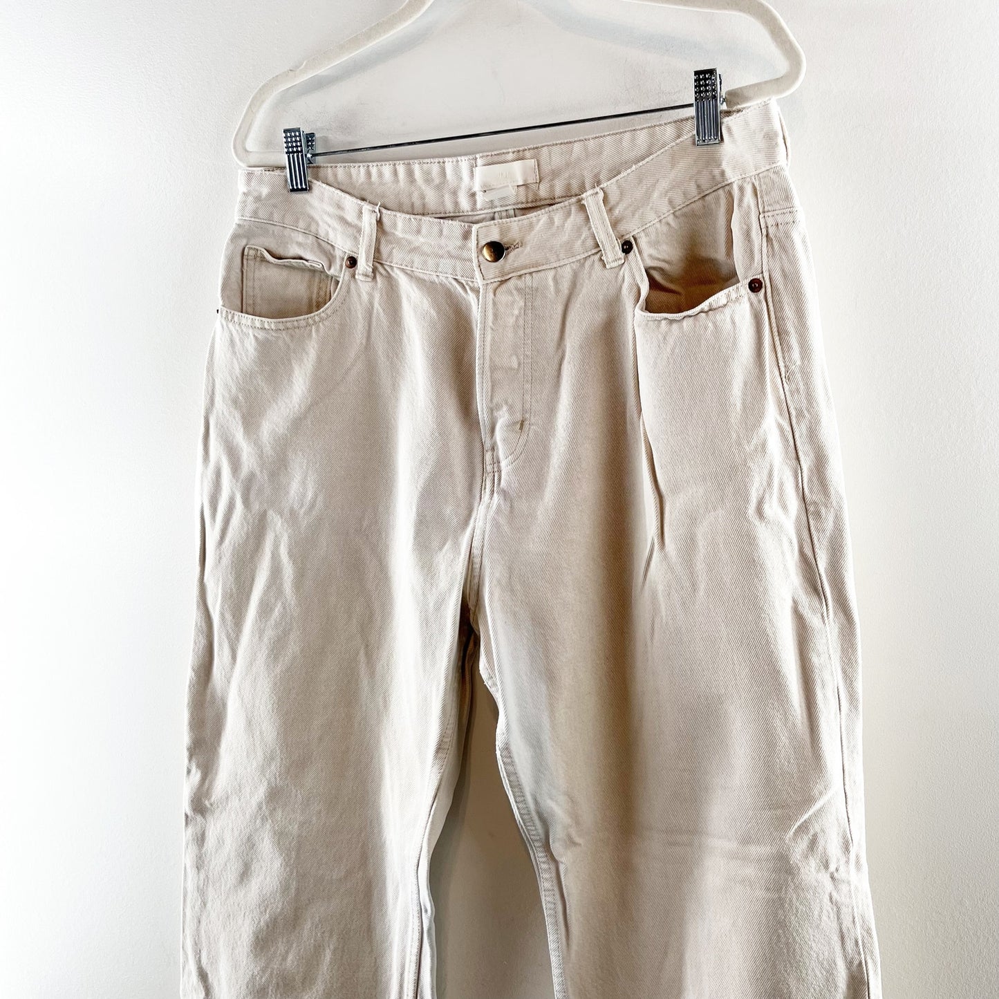 H&M High Rise Cotton Button Fly Straight Leg Jeans Cream Bone 14