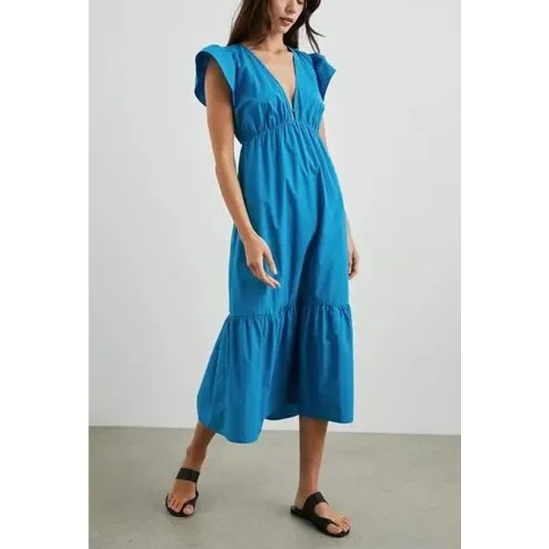 Rails Tina Flutter Sleeve Cotton Poplin Tiered Midi Dress Blue XL