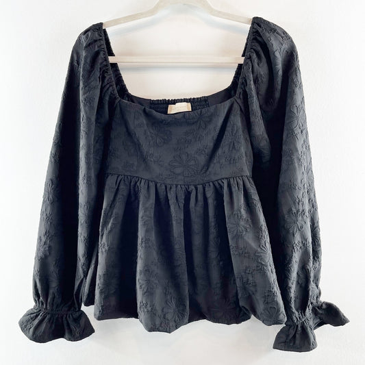 Altar'd State Babydoll Floral Square Neck Long Sleeve Bubble Hem Top Black Small