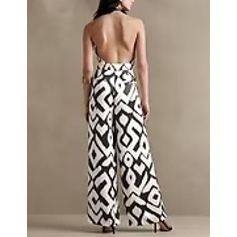 Banana Republic Ascendant Silk Geo Print Halter Cutout Jumpsuit White Black 6