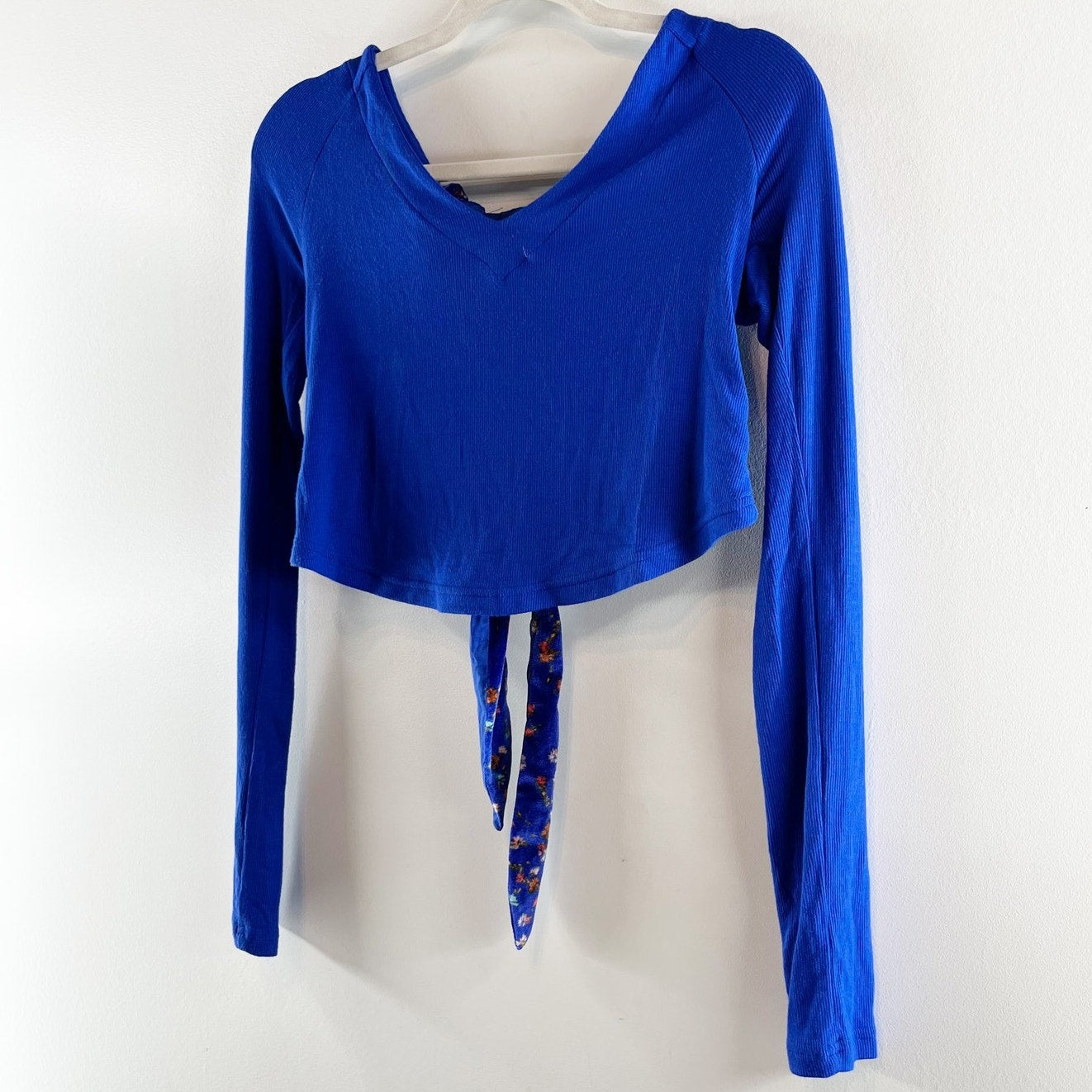 Free People Long Sleeve Looking Forward Back Cutout Tie Crop Top Blue Small