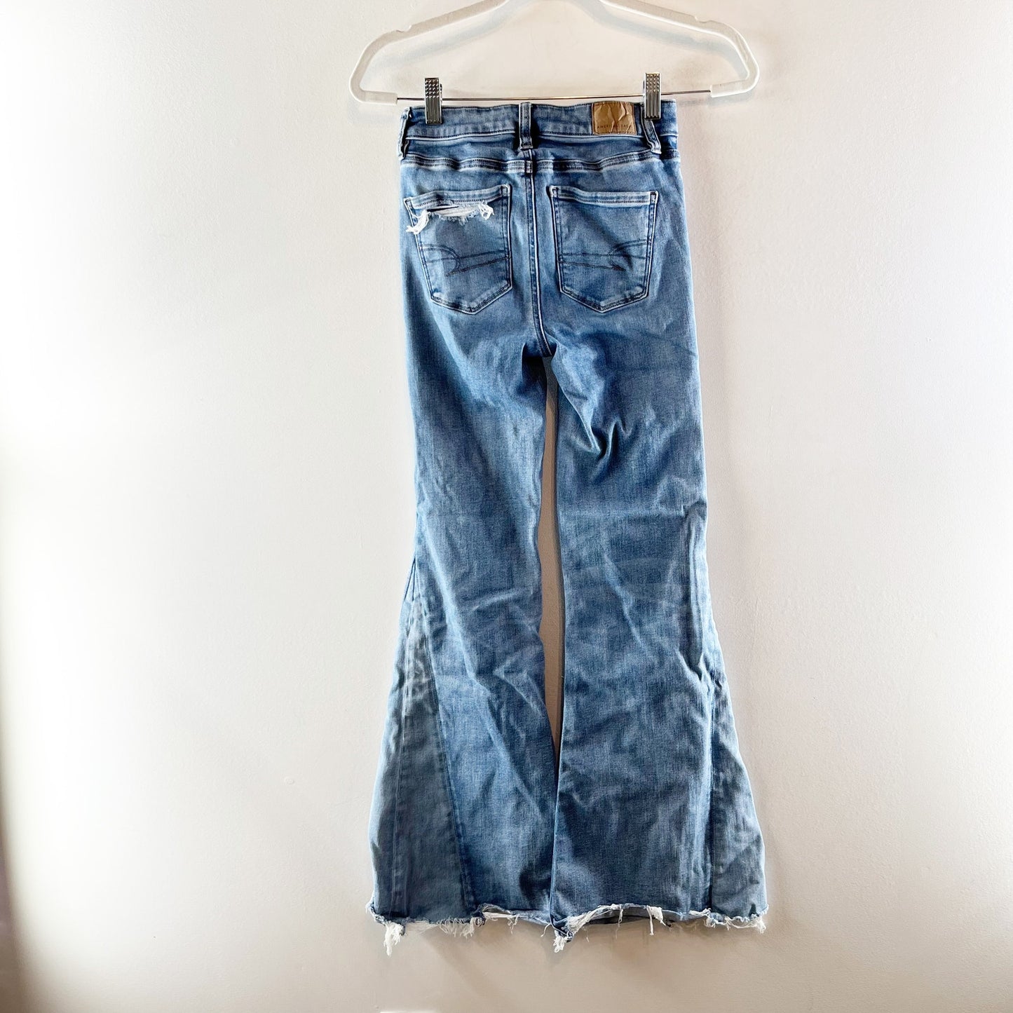 American Eagle Mid Rise Festival Flare Raw Hem Jeans Blue 0