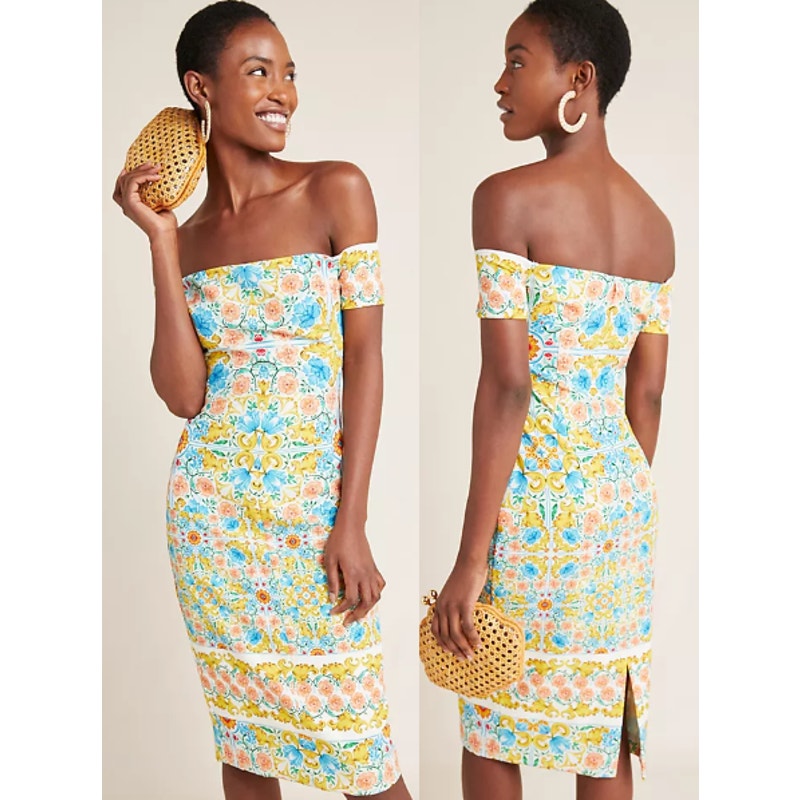 Black Halo Bethel Floral Off-the-Shoulder Knee-Length Sheath Dress Yellow 2