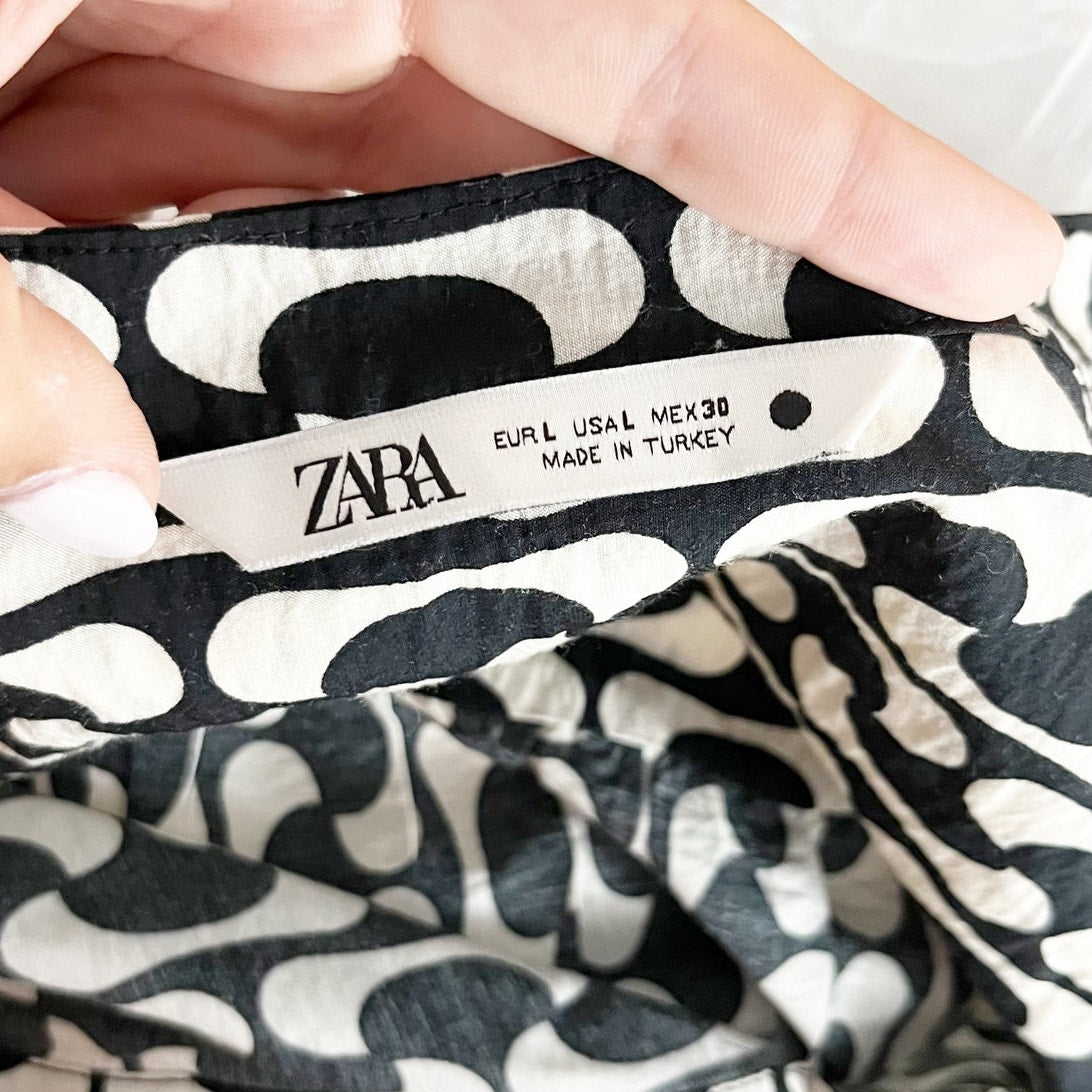 ZARA The Paula Long Sleeve Geometric Babydoll Mini Dress Black White Large